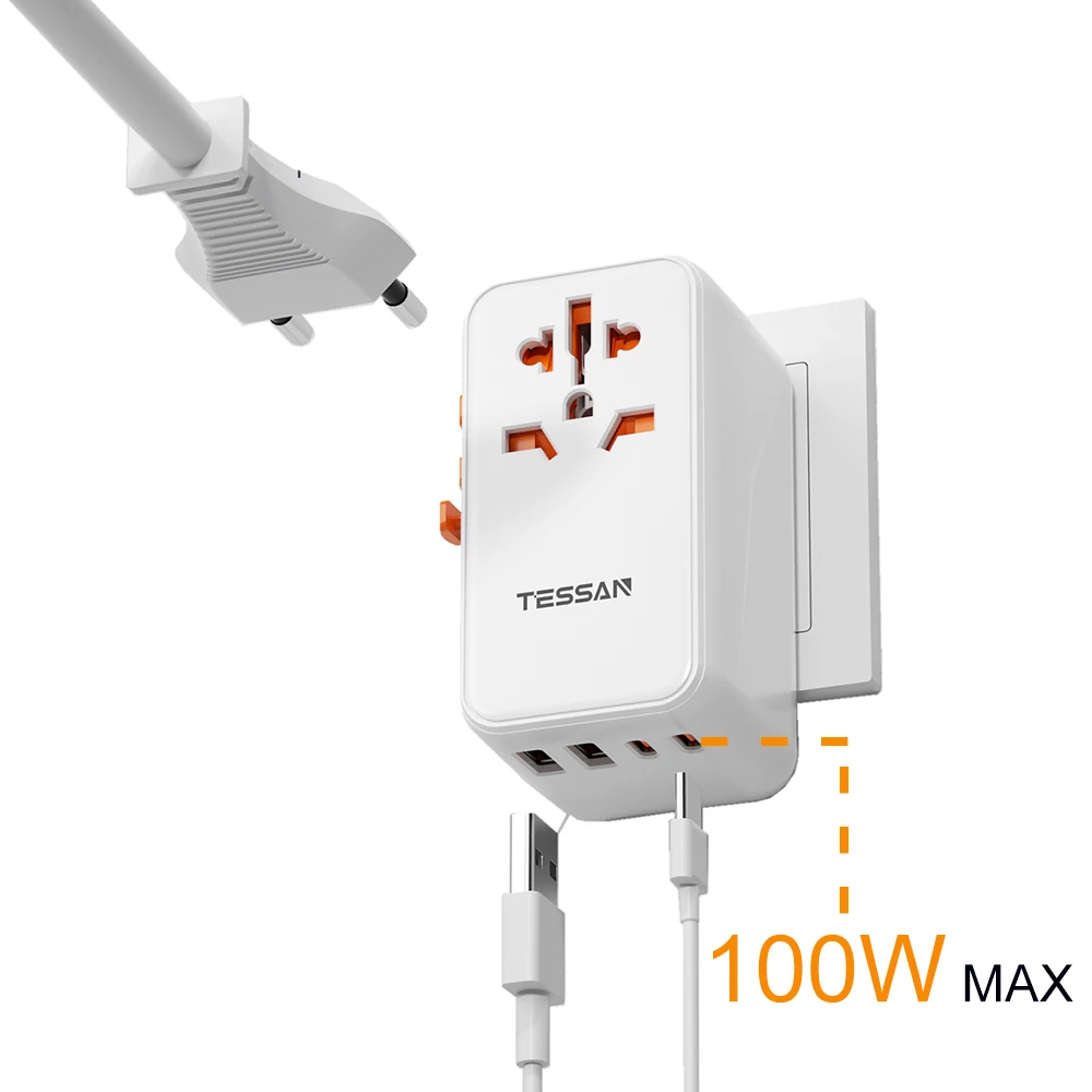 TESSAN Universal Travel Adapter 100W PD Fast Charging with 2 USB Port & 2 Type C, Worldwide Travel Adapter for EU UK USA AU
TESSAN Universal Travel Adapter 100W PD Fast Charging with 2 USB Port & 2 Type C, Worldwide Travel Adapter for EU UK USA AU