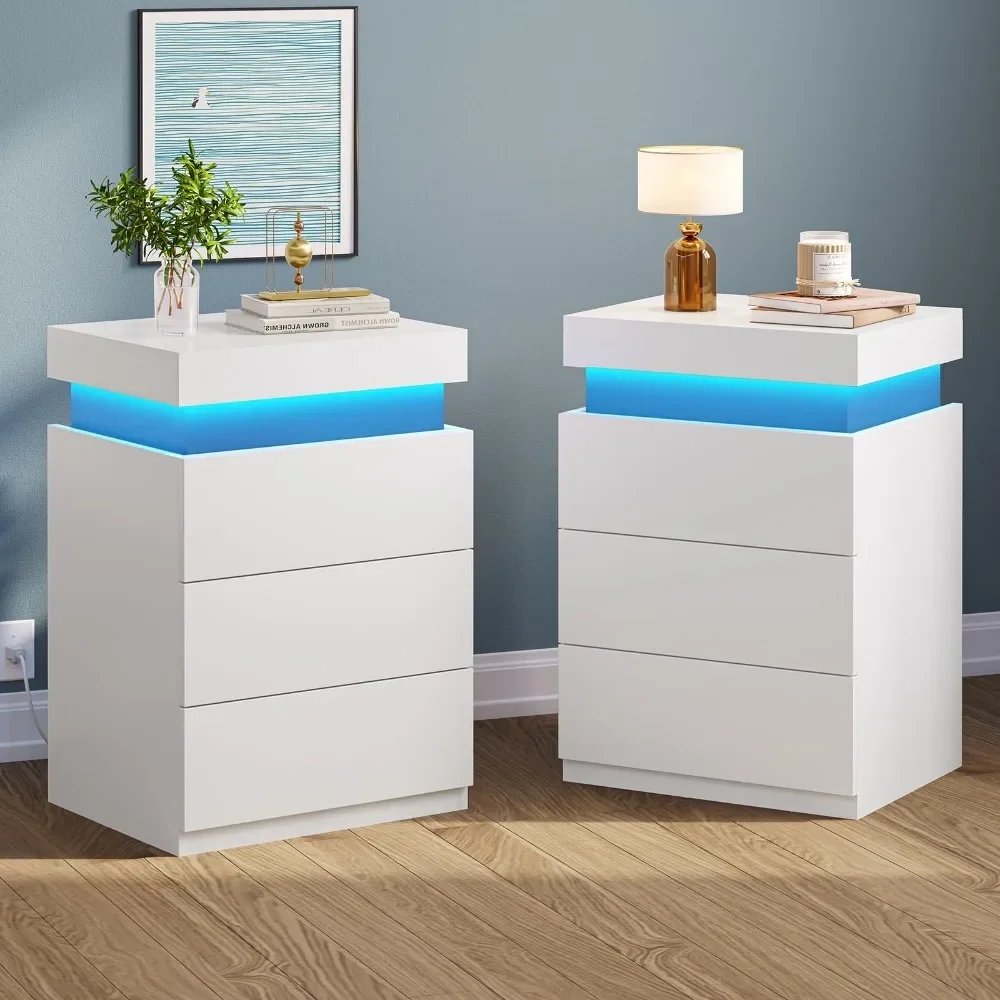 

2024 New LED Nightstands Set of 2, Nightstand with Charging Station and Sliding Top,Bedside Table with Power Outlets & Drawers