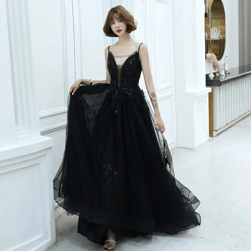 

Black Dress Suspender V-neck Backless Slimming Big Tail Birthday Party Annual Meeting Evening Dress 2024 Little Dress