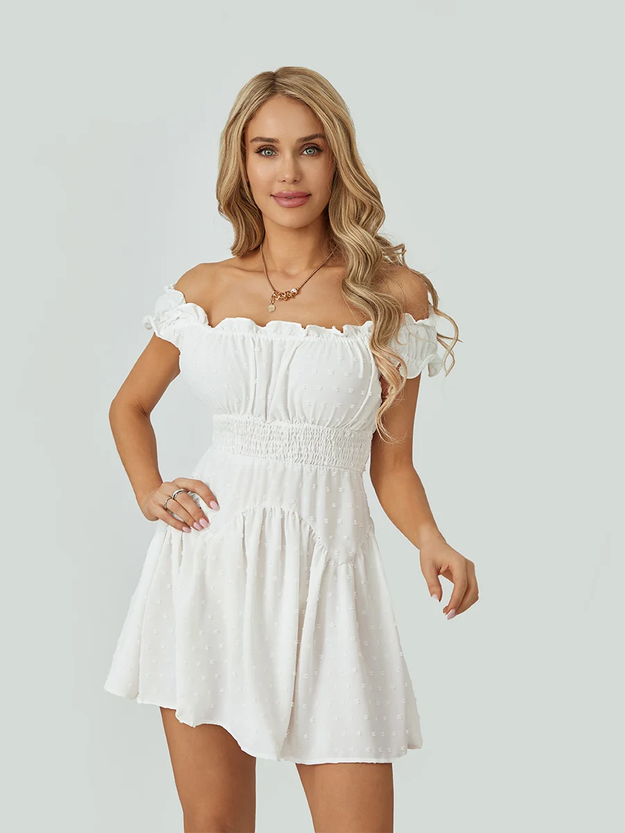 

Women Summer Short Dress Solid Color Ruched Bust Boat Neck Off Shoulder Puff Sleeve A-Line for Ladies