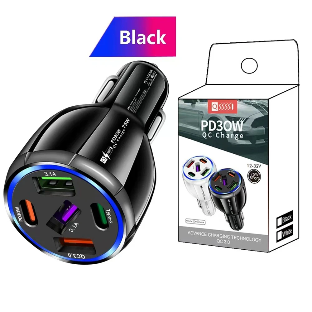 Super Fast Car Charger 75W 3USB + 2PD Port Universal Socket Adapter For Phone 12-24V Vehicles Car Electronics Accessories
Super Fast Car Charger 75W 3USB + 2PD Port Universal Socket Adapter For Phone 12-24V Vehicles Car Electronics Accessories