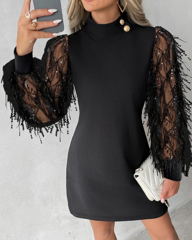 

Womens Dresses Spring Fashion Sequin Tassel Design Sheer Mesh Casual Mock Neck Plain Long Sleeve Daily Mini A Line Dress