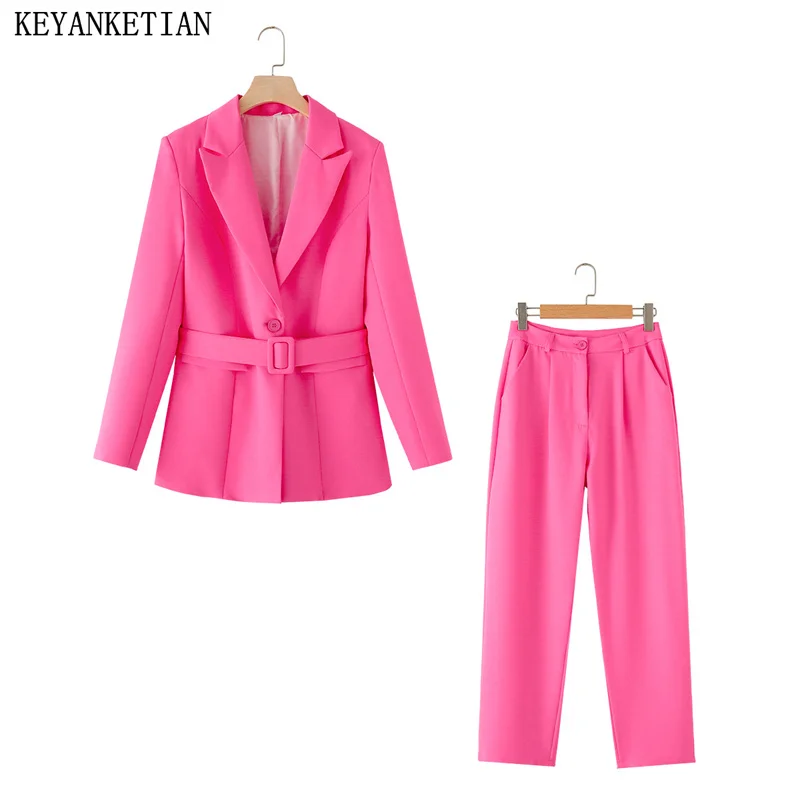 

KEYANKETIAN New Launch Women's Rose Red Suit Two Pieces With Belt Single Breasted Outerwear High-waisted Pants Business Wear