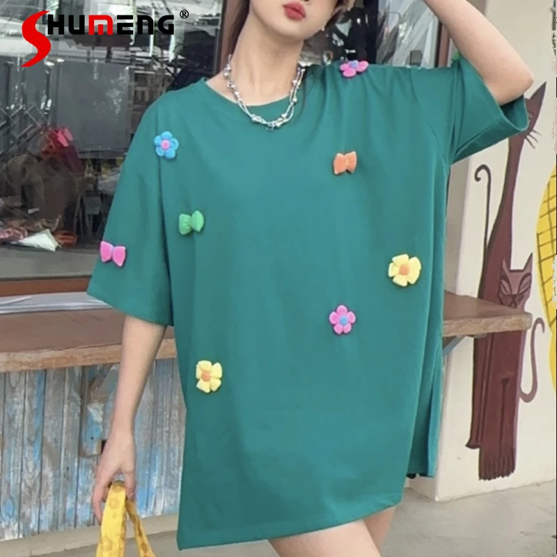 

Oversize Loose Short-Sleeved T-shirt Women's 2024 New Summer Sweet Bow Design Sense Fashion Flower Top Ins Y2k Accessories Tees