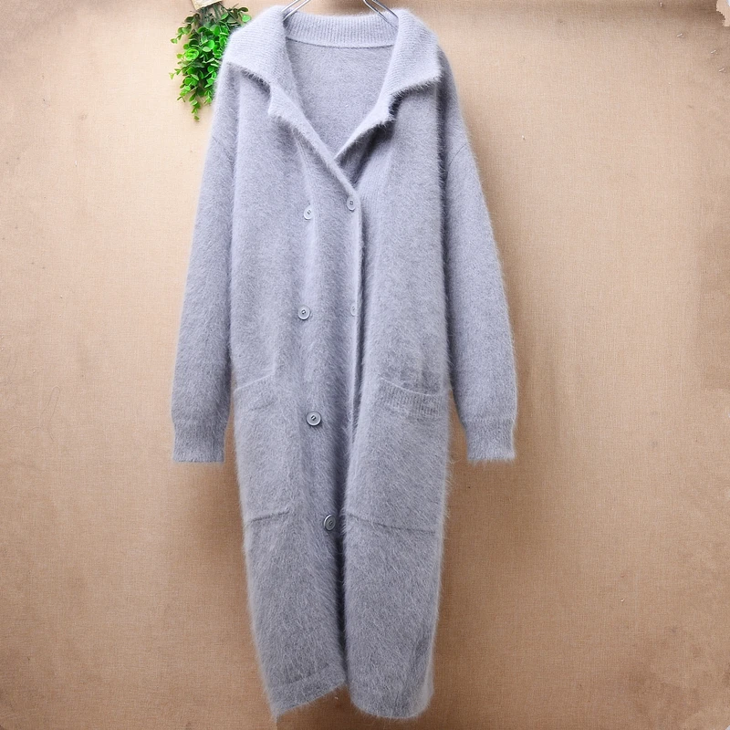 

Ladies Women Fall Winter Grey Hairy Mink Cashmere Knitted Suit Collar Slim Long Sweater Cardigans Angora Fur Jacket Sweater Coat