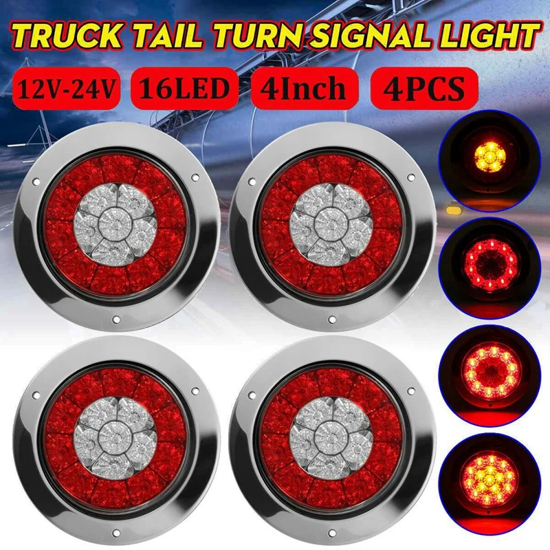 4Pcs 12-24V 16 LED 4Inch Round Truck Trailer RV Brake Stop Turn Tail Signal Light Red Amber Chrome Waterproof
4Pcs 12-24V 16 LED 4Inch Round Truck Trailer RV Brake Stop Turn Tail Signal Light Red Amber Chrome Waterproof