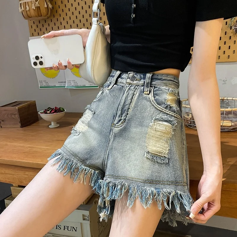 

Design Sensible Raw Edge Denim Shorts Women's Washable Pants High Waist Spicy Girl Straight Tube Loose Wide Leg Pants