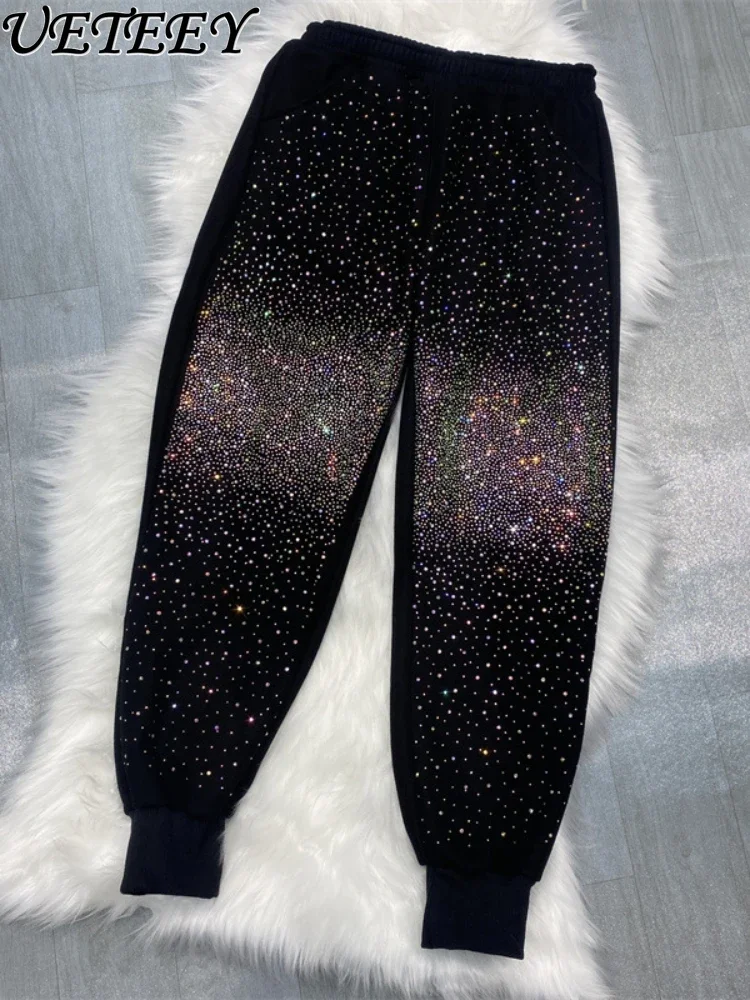 

Women's Bottoms Fleece-lined Thick High Waist Casual Sweatpants Heavy Embroidery Hot Drilling Loose Black Female Winter Pants