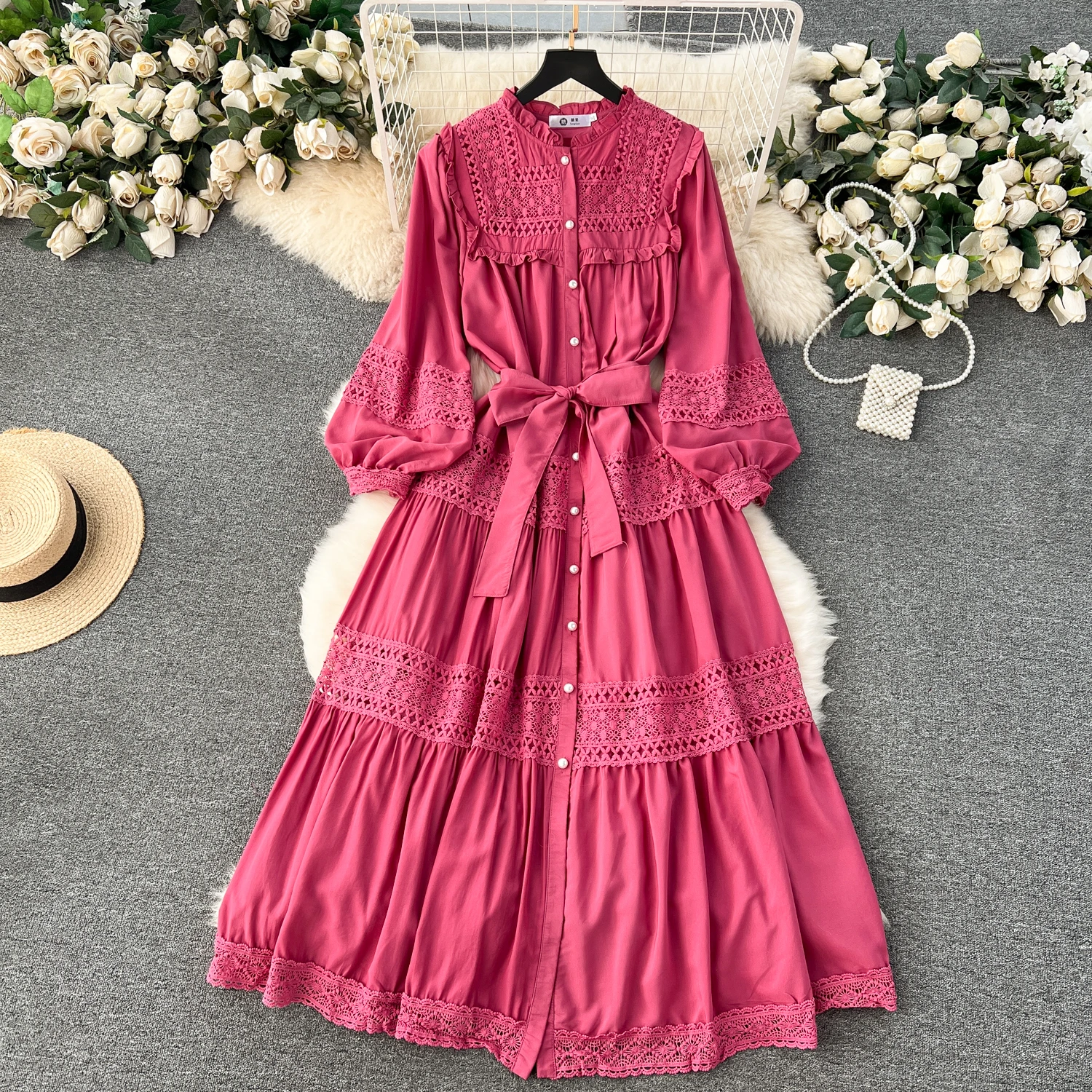 

Clothland Women Vintage Lace Shirt Dress Hollow Out Ruffles Long Sleeve Sashes Candy Color Retro Midi Dresses Vestido QD380