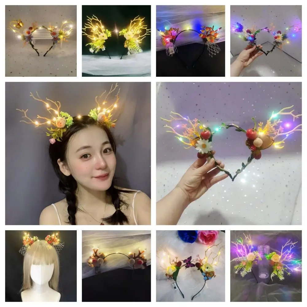 

Hair Hoop LED Christmas Headband Flower Luminous Glowing Headband Party Dress Up Hair Ornament Deer Ear Antler Headband
