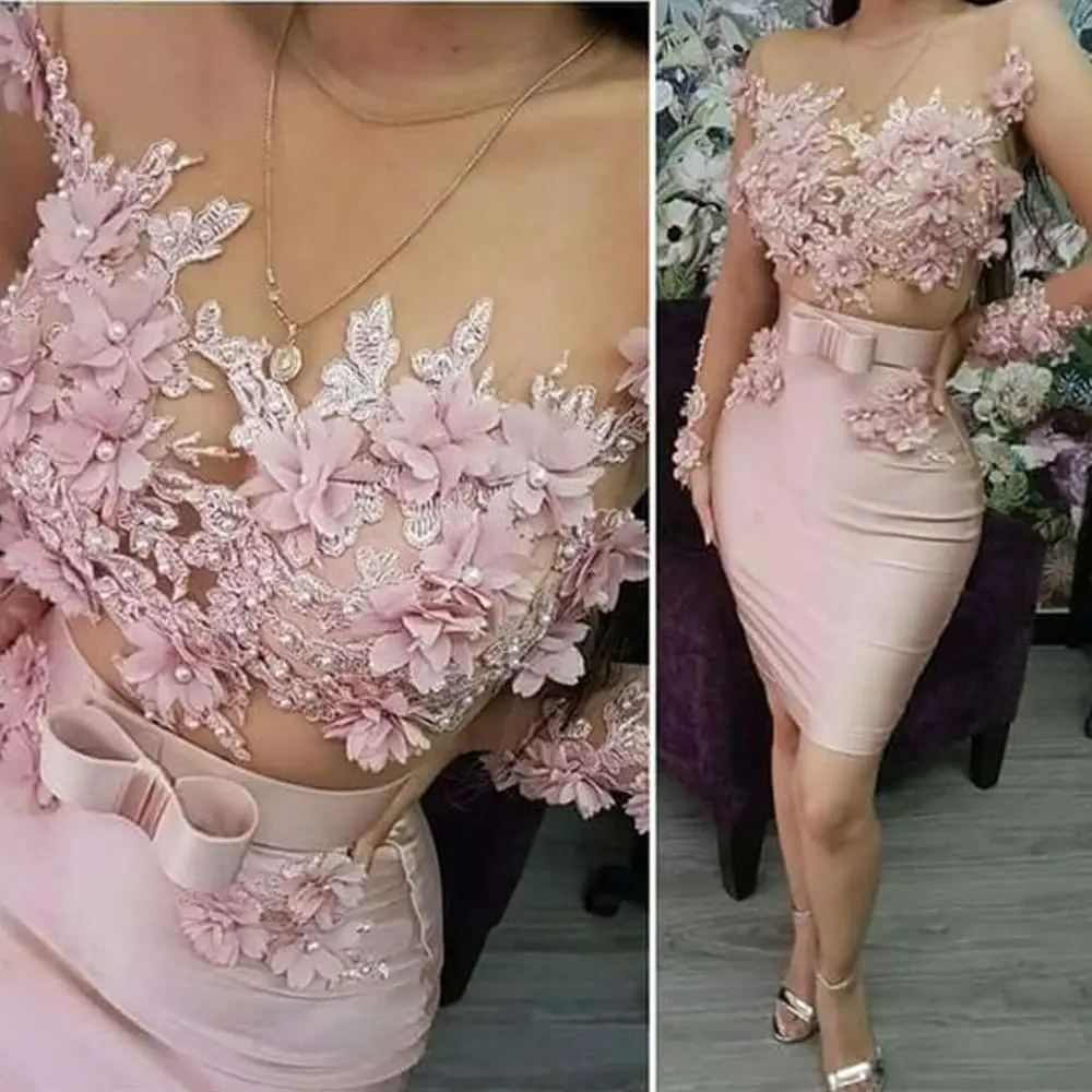 

Homecoming Dress Pink Crew-Neck Short Prom Pairt With Lace Appliqued Pearls Graduation Sheath vestido azul claro