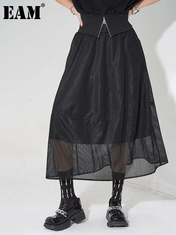 

[EAM] High Elastic Waist Black Mesh Spliced Perspective Midi A-line Half-body Skirt Women Fashion New Spring Autumn 2024 1DH4930