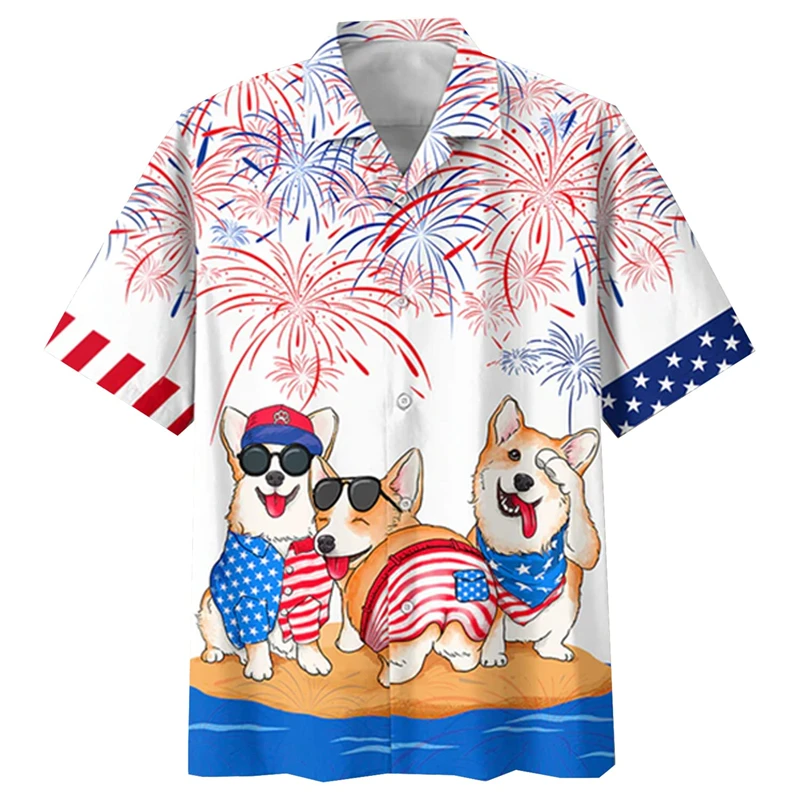 

Fashion USA Flag 3D Printed Shirts For Men Clothing Funny Animal Dog Graphic Short Sleeve Hawaiian Beach Shirts Vacation Y2k Top