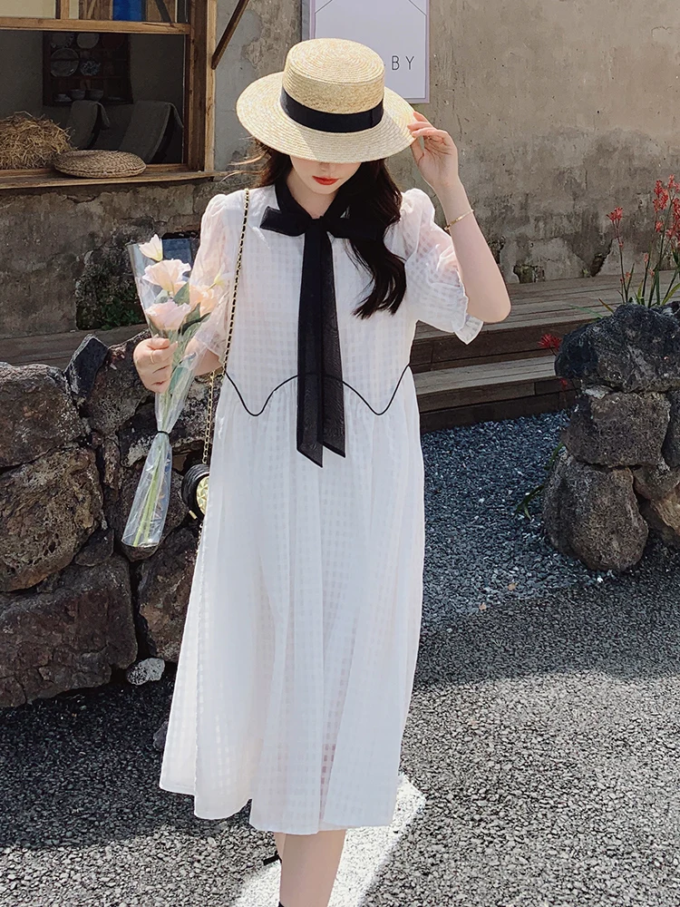 Bow Puff Sleeve White Dresses for Women 2022 Summer Elegant Sweet Korean Style Loose Casual Mid-long Dress Female 2220
Bow Puff Sleeve White Dresses for Women 2022 Summer Elegant Sweet Korean Style Loose Casual Mid-long Dress Female 2220