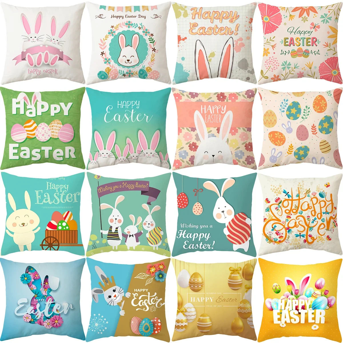 

Happy Easter Pillowcase Easter Decorations For Home Sofa Rabbit Bunny Eggs Polyester Pillow Cover 45*45cm Easter Party Decor
