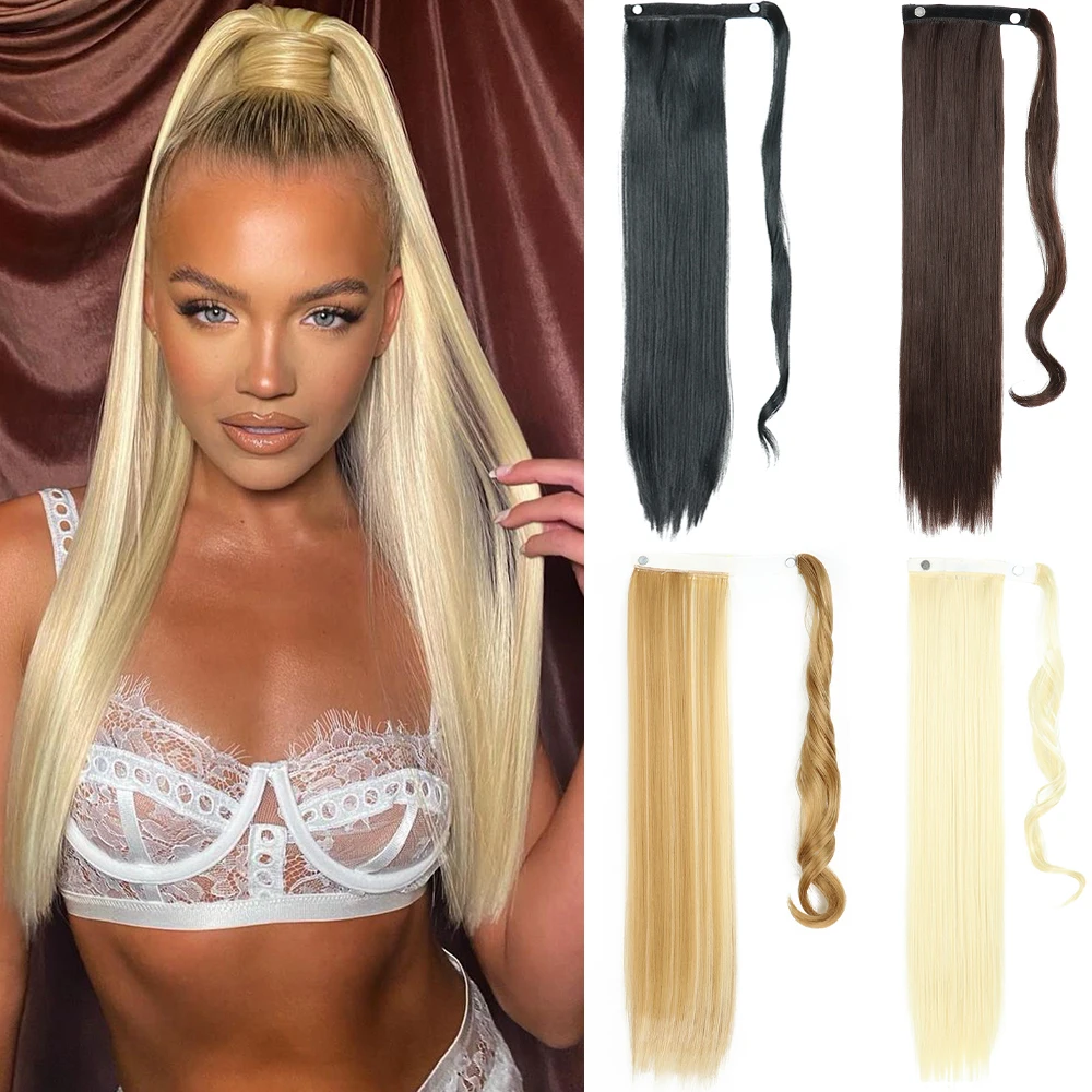 

22inch 34inch Synthetic Long Straight Ponytail Hairpiece Wrap on Hair Clip Ombre Brown Blonde Hair Extensions Pony Tail