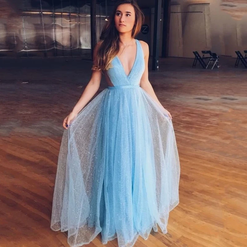 Sexy V-Neck Sky Blue Prom Dresses Princess GlitterTulle Sweep Train Evening Dresses Plus Size Custom Vestidos De Fiesta
Sexy V-Neck Sky Blue Prom Dresses Princess GlitterTulle Sweep Train Evening Dresses Plus Size Custom Vestidos De Fiesta