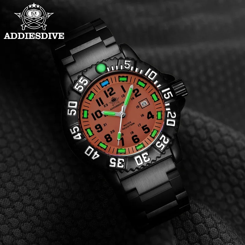 

ADDIESDIVE 50M Diving Orange Dial Men Quartz Watch Calendar Display Tubular Luminous Tube Glow Alloy Case Fashion Sports Watches