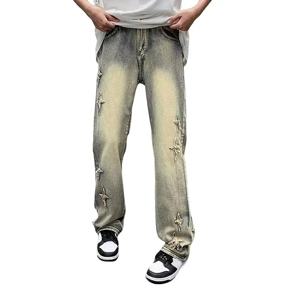 

Denim Fabric Men Jeans Gradient Color Splicing Men's Denim Pants with Distressed Cross Pattern Slight Flared Trousers for Men