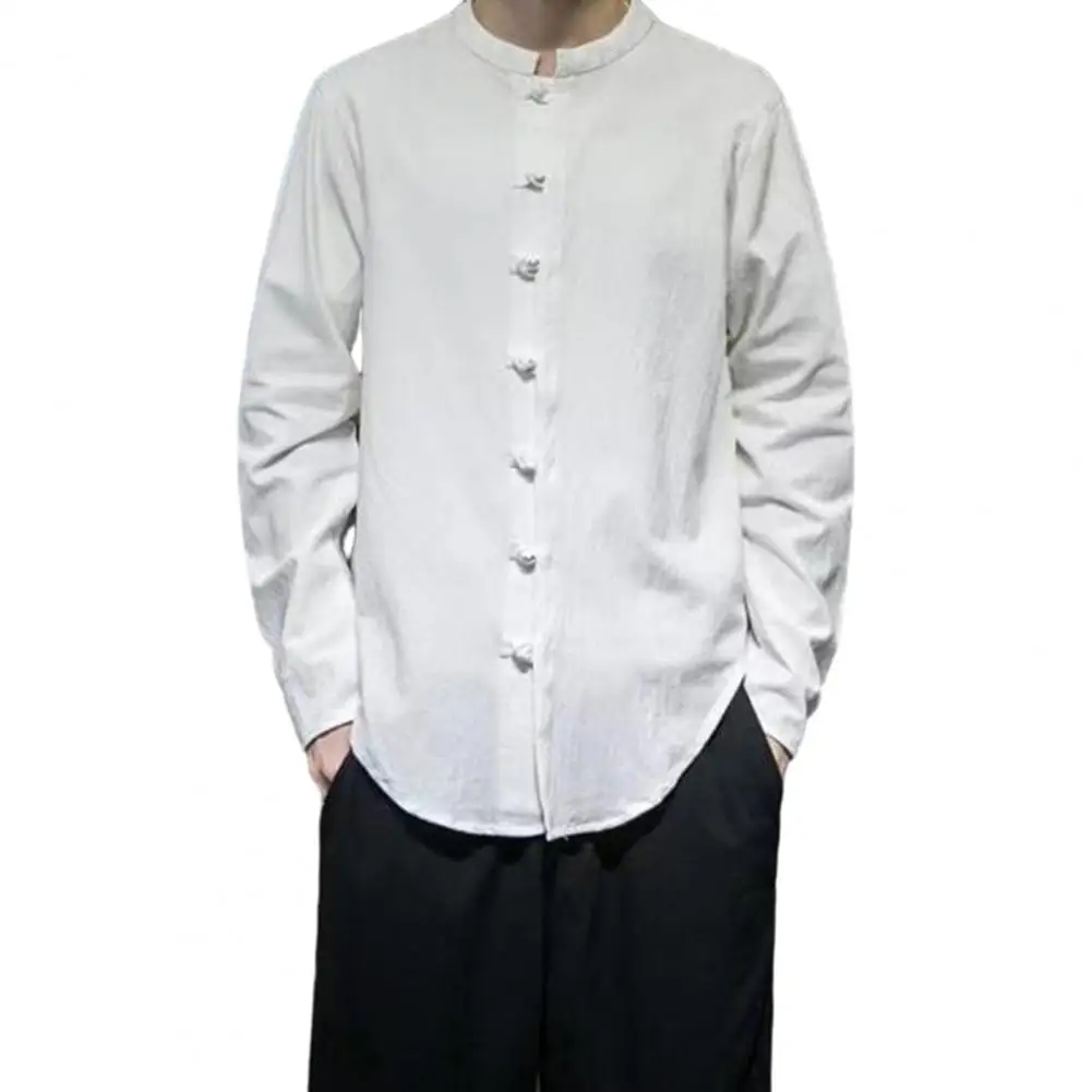 

Повседневная рубашка в китайском стиле Мужская Весенняя рубашка с воротником-стойкой и пуговицами-бантами однобортная однотонная Свободная рубашка средней длины с длинными рукавами