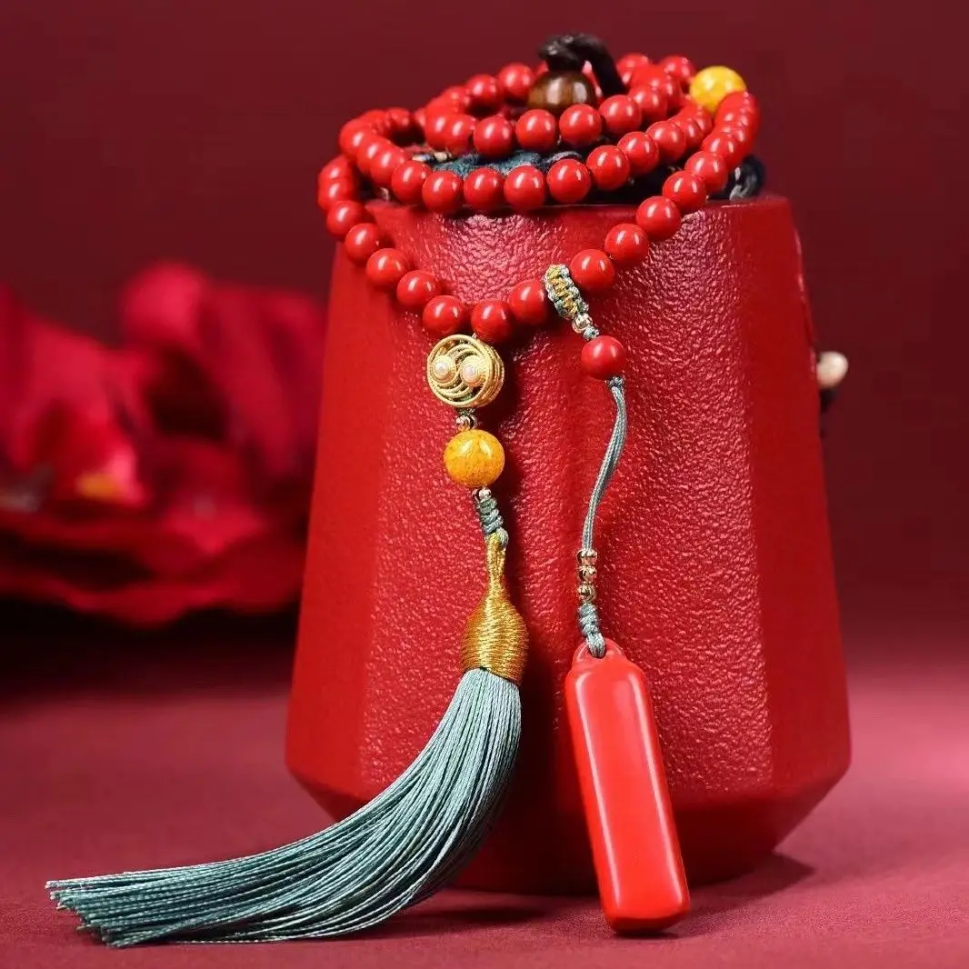 

UMQ Natural Boutique High-Content Cinnabar Lucky Pendant Sweater Chain Hand-Woven Tassel Chinese Style Multi-Circle Bracelet