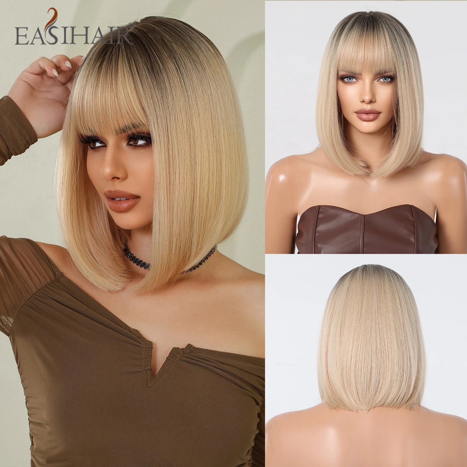 

EASIHAIR Short Straight Bob Wigs Ombre Black Blonde Natural Synthetic Hair Wig with Bangs for Women Daily Cosplay Heat Resistant