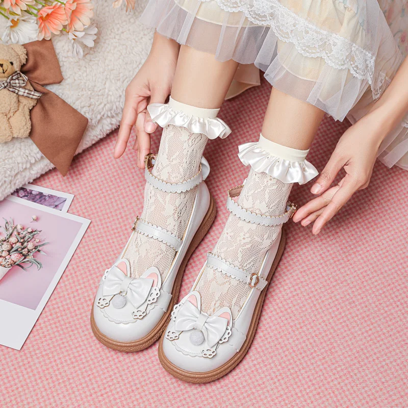 

YQBTDL 2022 Sweet Lolita Shoes Vintage Round Head Chunky Heel Women Pumps Cute Bowknot Ankle Bandage Kawaii Shoes Cosplay Girl