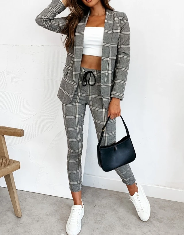 

Woman Elegant Blazer Sets Female Fashion Plaid Print Shawl Neck Coat & Casual Pants Set Women's Commuting Two Piece Suit Outfits