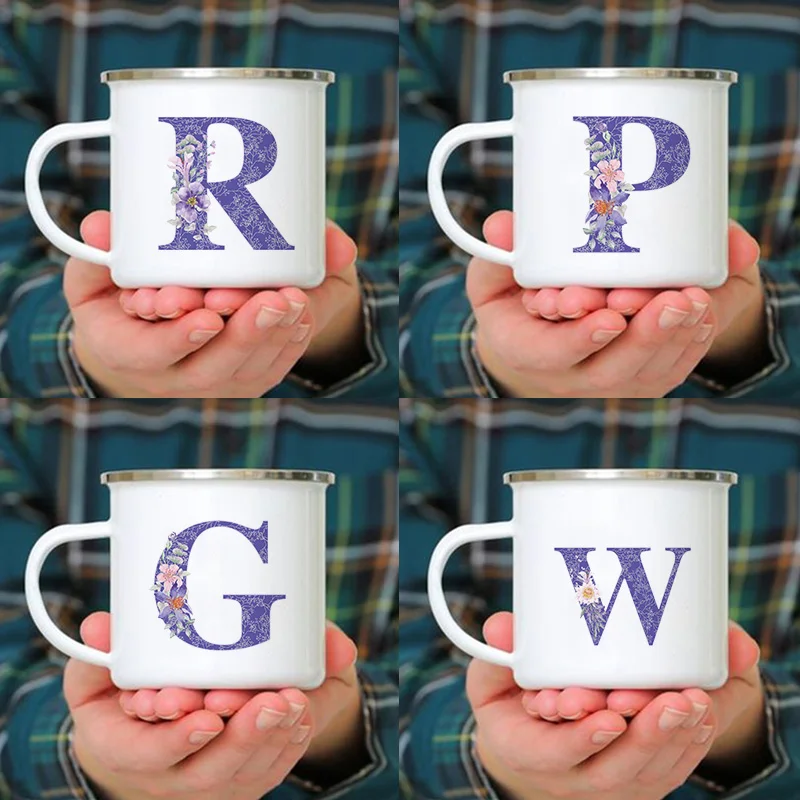 

26 Initials Letter Purple Flower Print Enamel Mug Coffee Cup Drinks Water Milk Cups School Homes Hotel Handle Mugs Wedding Gifts