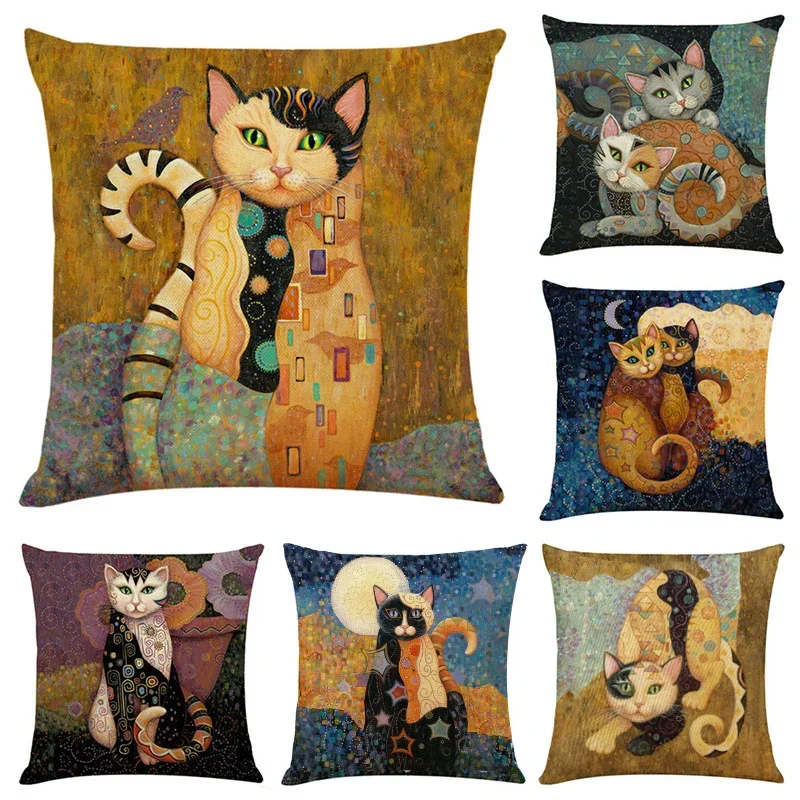 

New Art Mural Cat Print Linen Pillowcase For Sofa Animal Design Vintage Pillow Covers 45X45Cm Home Decorative Cushion Cover