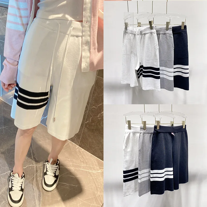 

TB Yarn-dyed Shorts for Men and Women, Loose Summer Wear Casual Sports Trendy Brand Thin Three-bar Sweatpants, Five-point Pants