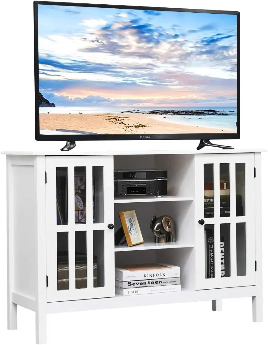 

Tangkula White TV Stand, Modern Tall Entertainment Center for TVs up to 50", Media Console w/2 Storage Cabinets & 3 Open Shelves