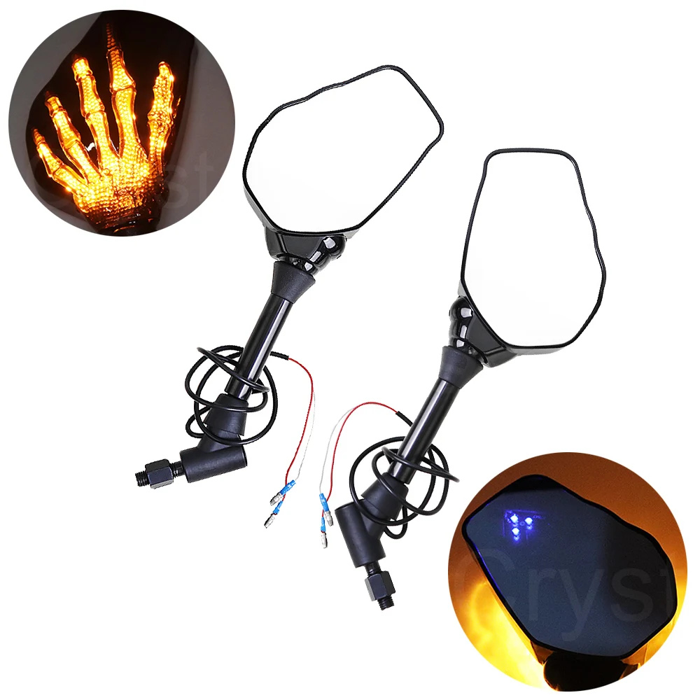 

Motorcycle Skeleton Skull Hand Claw Side Rear View Mirrors LED Turn Signal Light 8mm 10mm Universal For Harley Softail Touring