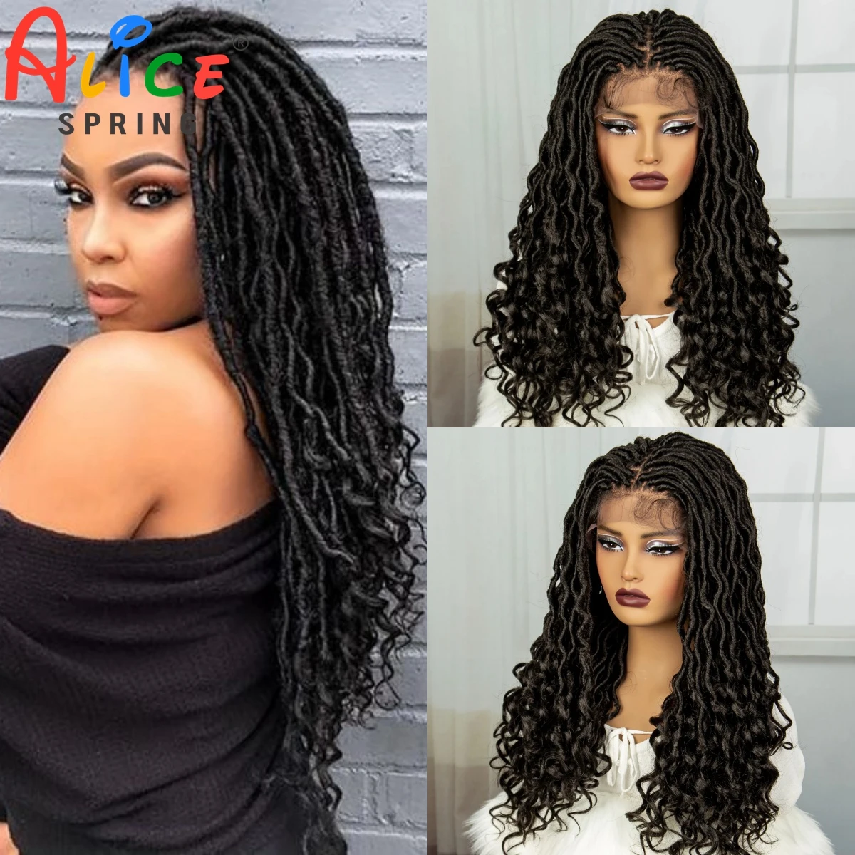 

Synthetic Lace Front Braided Wigs Goddess Faux Locs Braids Wigs with Curly Ends for Black Women Knotless Box Braiding Hair Wigs