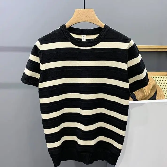 Men's Stripe T Shirt Knitted Round-neck Breathable Thin Cashmer Short Sleeve Tee Contrast Color Knitting Jumpers Tops Q49
Men's Stripe T Shirt Knitted Round-neck Breathable Thin Cashmer Short Sleeve Tee Contrast Color Knitting Jumpers Tops Q49