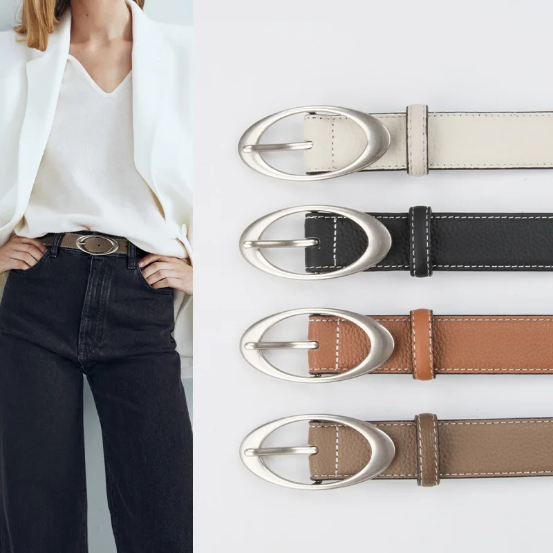 

Women's Fashion Genuine Leather Belt Unique Round Cowskin Pin Buckle Belt Luxury Designer Versatile Jeans Pants Waistband