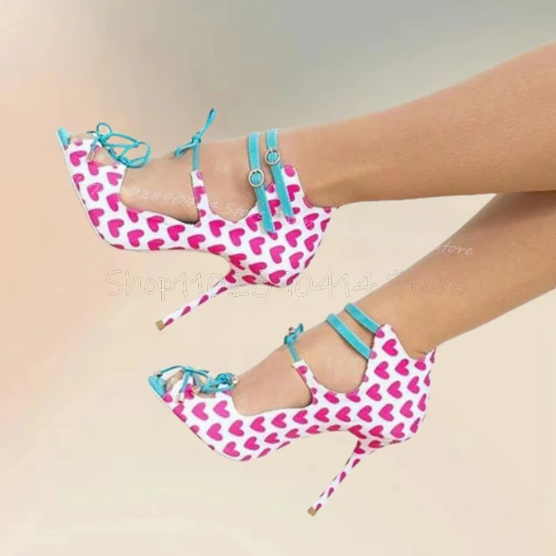 

Pink Heart Print Blue Bow Knot Peep Toe Sandals Ankle Buckle Strap Women Shoes Thin High Heels Fashion 2024 Zapatos Para Mujere