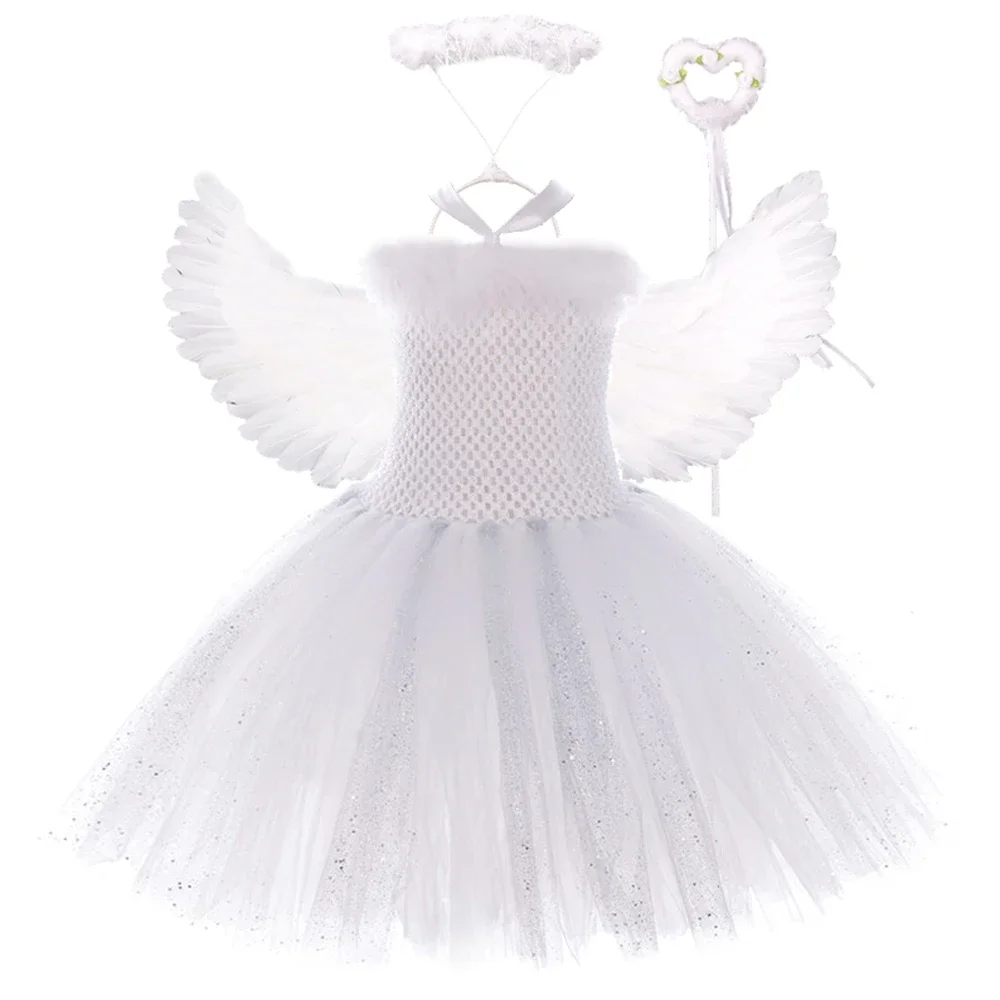 

Silver Sequins White Angel Wings Tutu Dress for Girls Princess Christmas New Year Costumes Kids Girl Fairy Dresses for Birthday