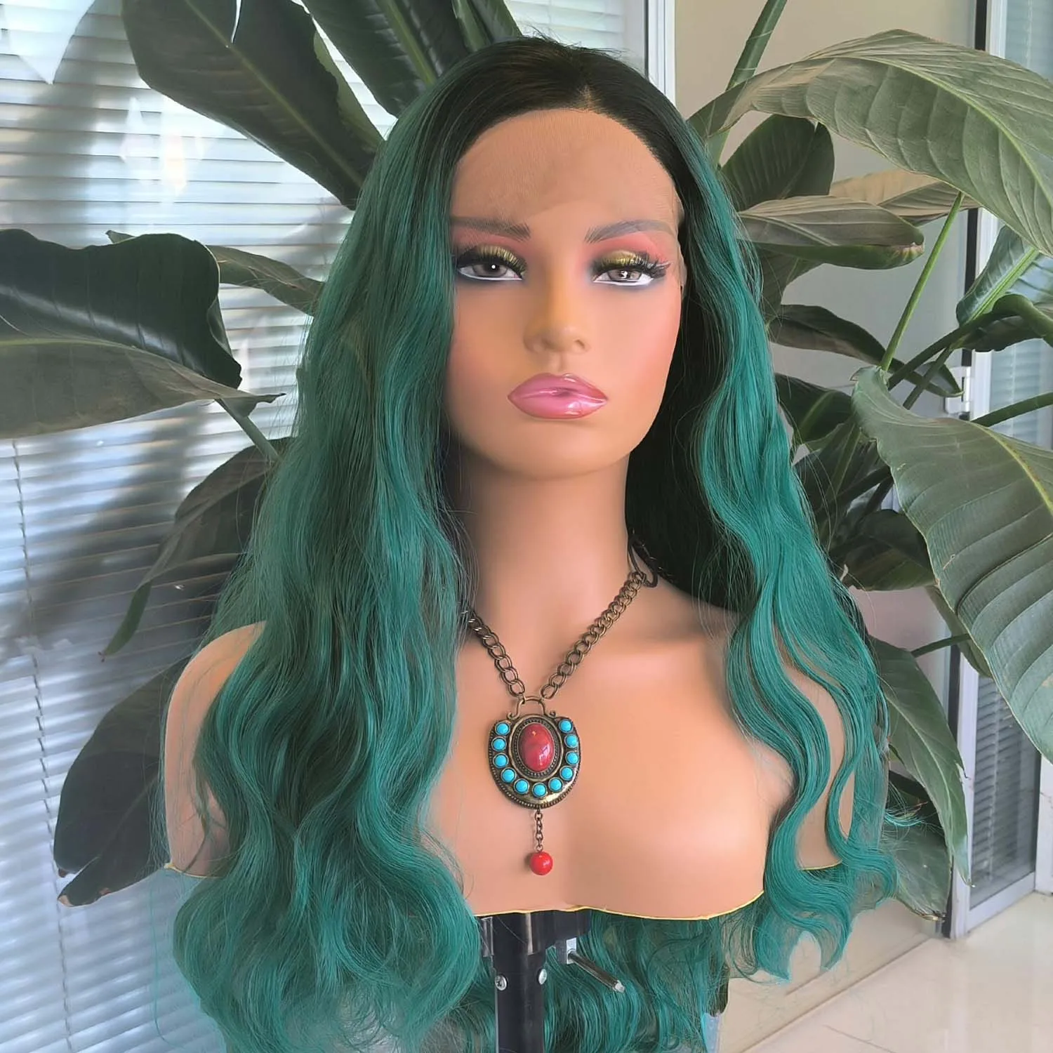 

FANXITION Synthetic Lace Front Wigs with Side Part Ombre Color Black to Green Long Natural Wave Wigs Natural Hairline