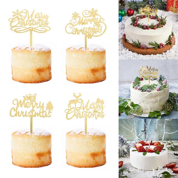 

3pcs Gold Acrylic Merry Christmas Cake Topper Xmas Tree Snowflake Elk Cake Decoration Kids Christmas Gifts Party Baking Supplies