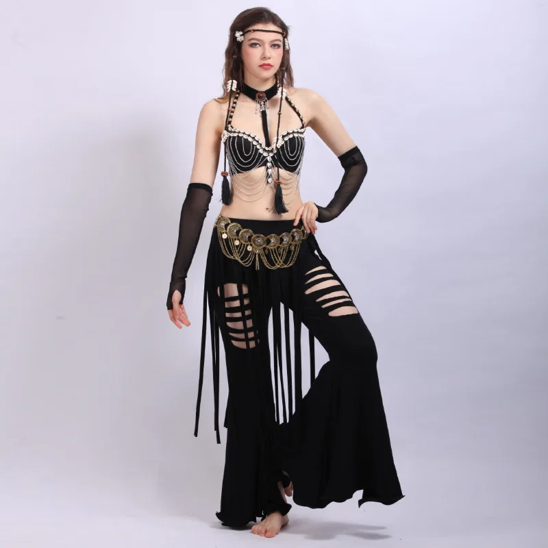 

Women Belly Dancing Clothes Tribal 5 Piece Outfit Coins Bra Pants Belt Headpiece Mesh Gloves Belly Dance Costume Tassels Trouser