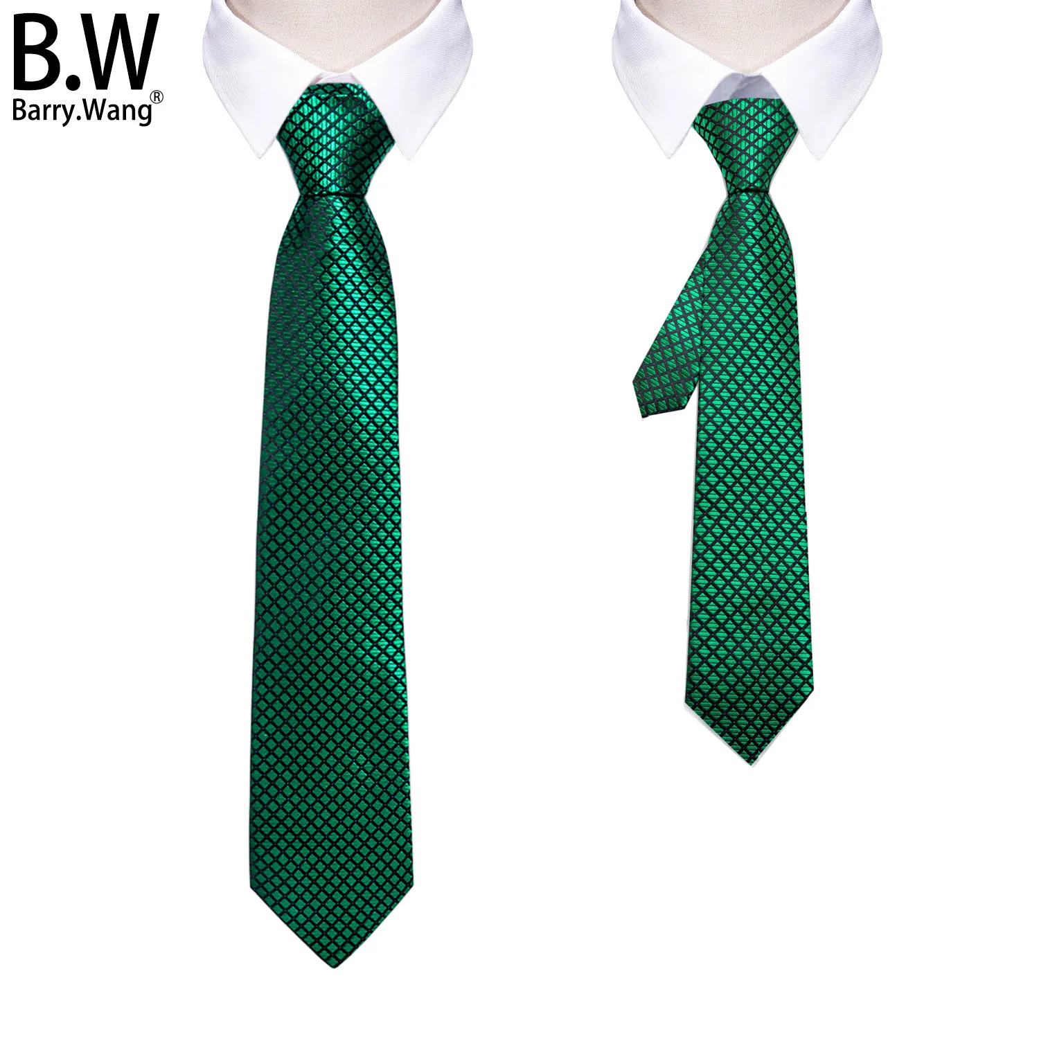 

Barry.Wang Tie for Dad and Son Jacquard Green Plaid Silk Necktie Hanky Parent-child Adult Boy Men Young Party Wedding Gift