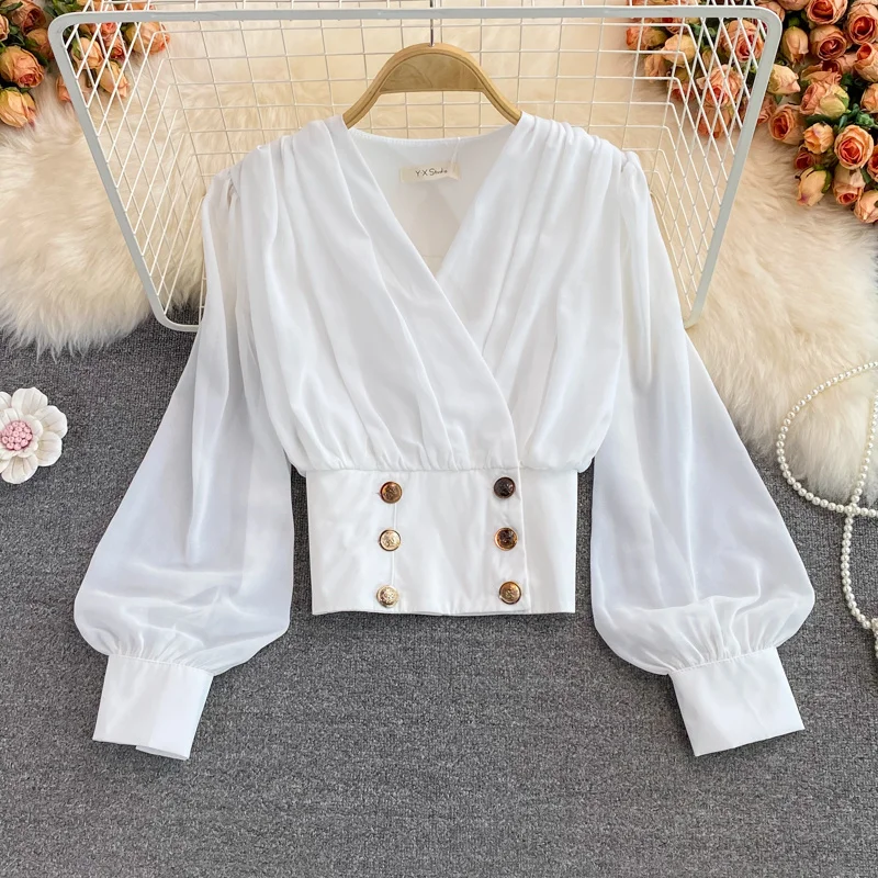 2023 Autumn Girl Lantern Sleeve V-neck Stitched Chiffon Shirt Women's Minority Design Fashion White Black Breasted Pleated Top
2023 Autumn Girl Lantern Sleeve V-neck Stitched Chiffon Shirt Women's Minority Design Fashion White Black Breasted Pleated Top