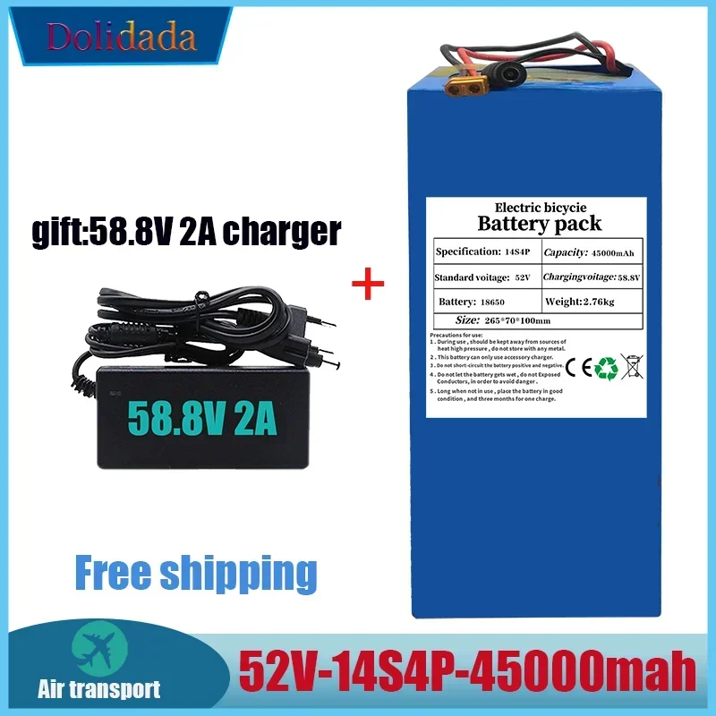 

Free shipping High Capacity 52V 14S4P 45000mAh 18650 1000W Lithium Battery for Balance Car, Electric Bicycle, Scooter, Tricycle