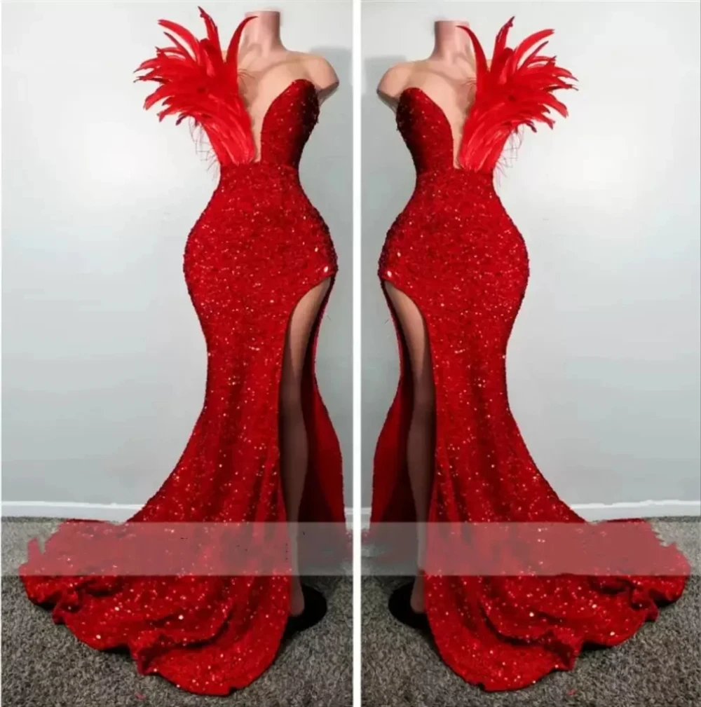 Sexy red sequin ball gown with feather high slit mermaid Evening gown New custom evening gown for formal party вечернее платье
Sexy red sequin ball gown with feather high slit mermaid Evening gown New custom evening gown for formal party вечернее платье