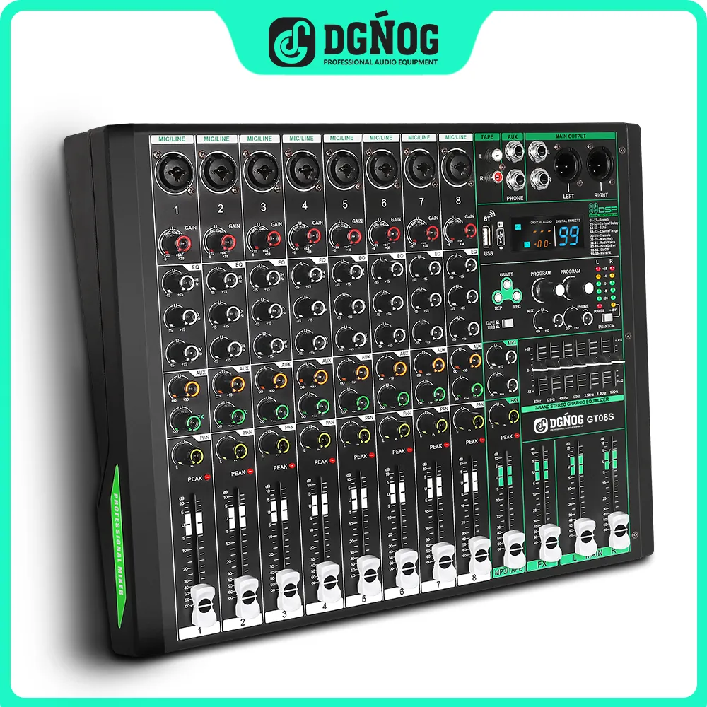 

DGNOG GT80S 8 Mono Channel Audio Mixer 99 Effect 7 Band EQ 48V DJ Mixing Console USB Recording Bluetooth Sound Table for stage
