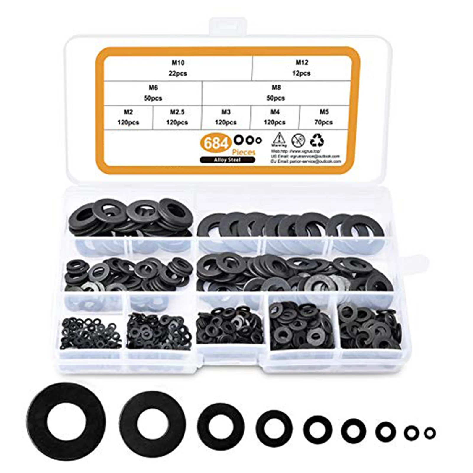 684 Pcs/set Assorted Flat Washers M2 M2.5 M3 M 4 M5 M6 M8 M10 M 12 Alloy Steel For Electrical Connections
684 Pcs/set Assorted Flat Washers M2 M2.5 M3 M 4 M5 M6 M8 M10 M 12 Alloy Steel For Electrical Connections