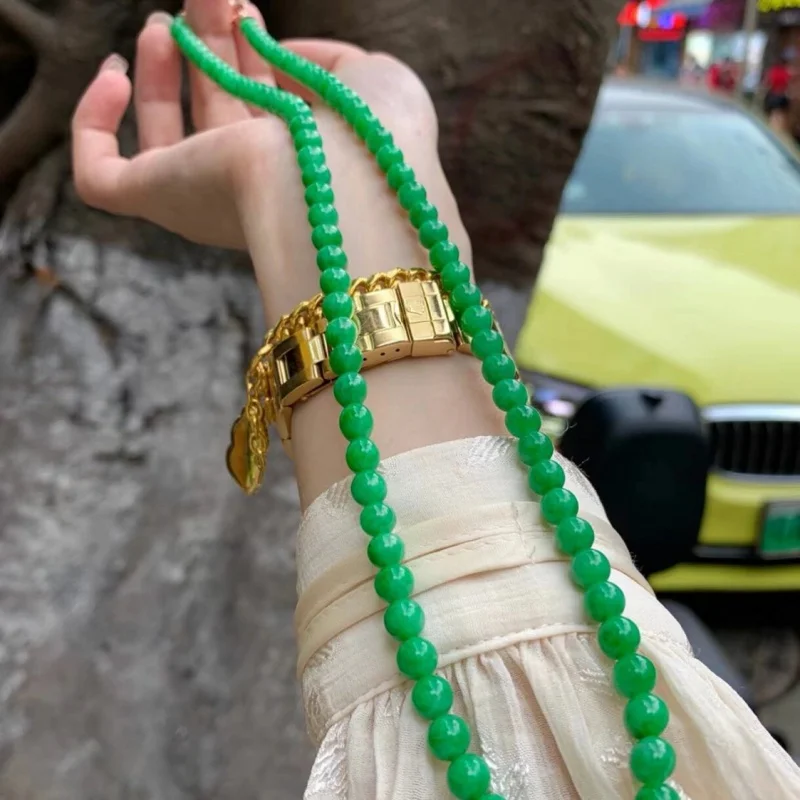 

Myanmar Full Necklace Ice Glutinous Dragon Jade Small Rice Spinach Green round Beads Sweater Chain for Wo