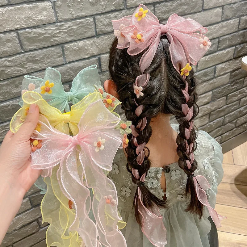 

Hair Streamer Tassel Long Ribbon Braided Hair Clips For Kids Bowknot Ponytail Fixed Hairpins Princess Headbands Hair Accessories