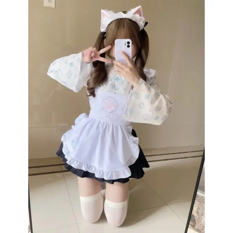 

Set Japanese lolita cute girl print maid outfit top high waist bustier ruffle apron three-piece set